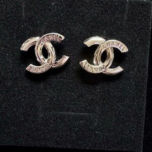 CHANEL Silver-Tone Interlocking CC Logo Earrings